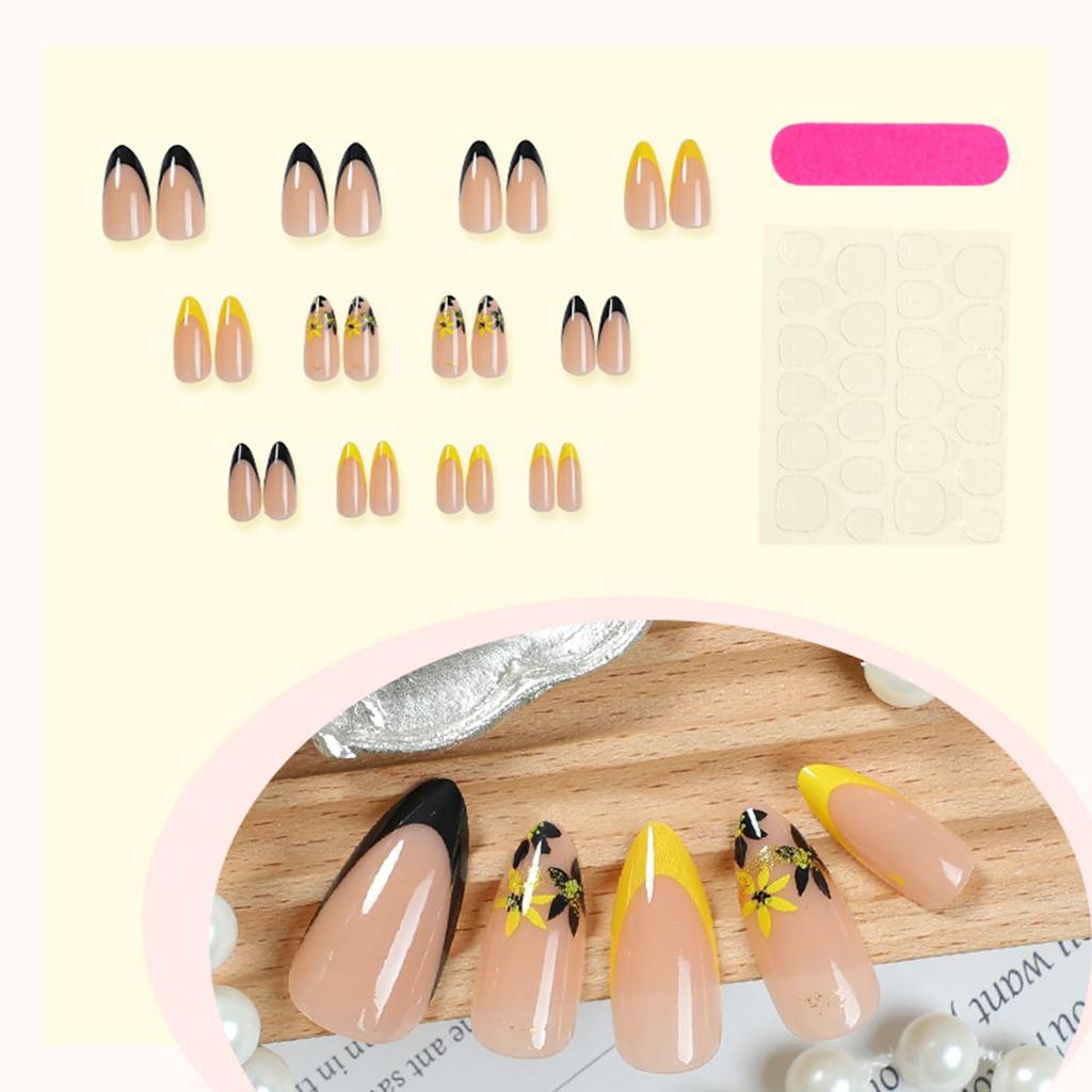 Black Yellow French Tip Press on Nails with Flower Design Long Almond Natural Glue on Nail Glossy Acrylic False Nails Reusable Artificial Stick on
