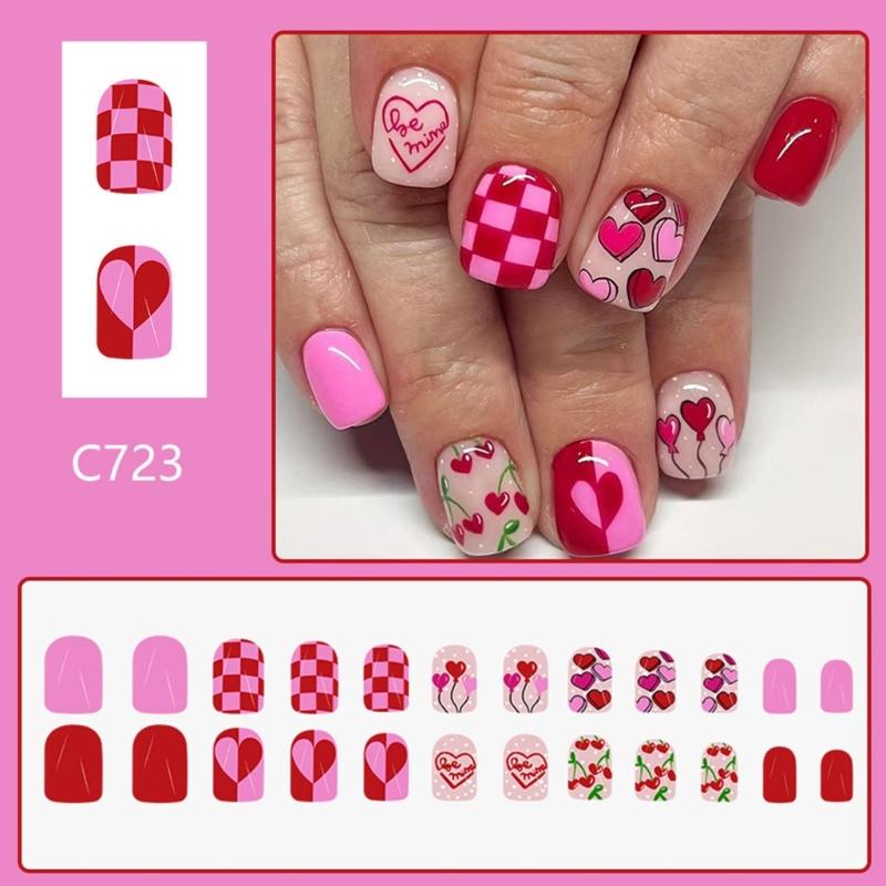24 Pcs Short Square Press On Nail Valentines Day False Nail Glossy Artificial Nail Heart Full Cover Stick on Nail
