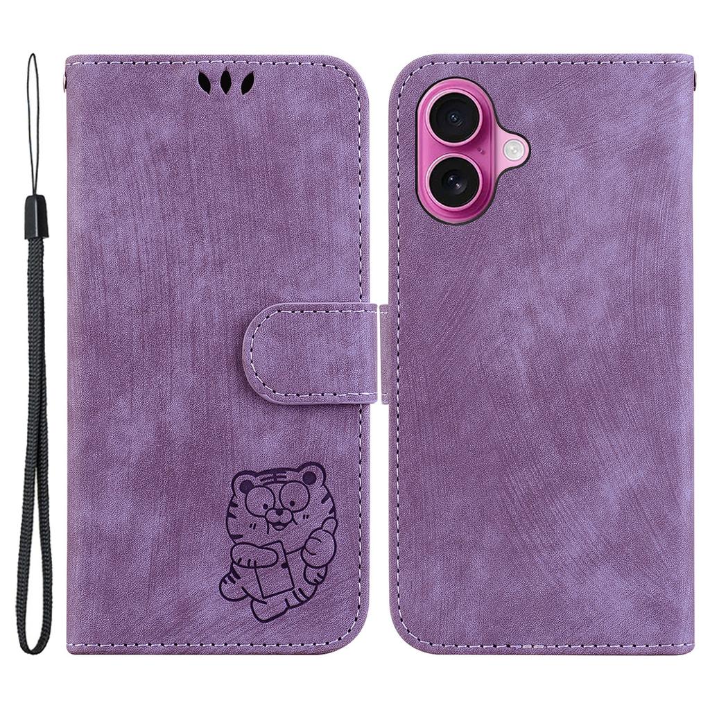 For iPhone 16 Plus Stand Case Cute Tiger Imprint Leather Wallet Phone Cover