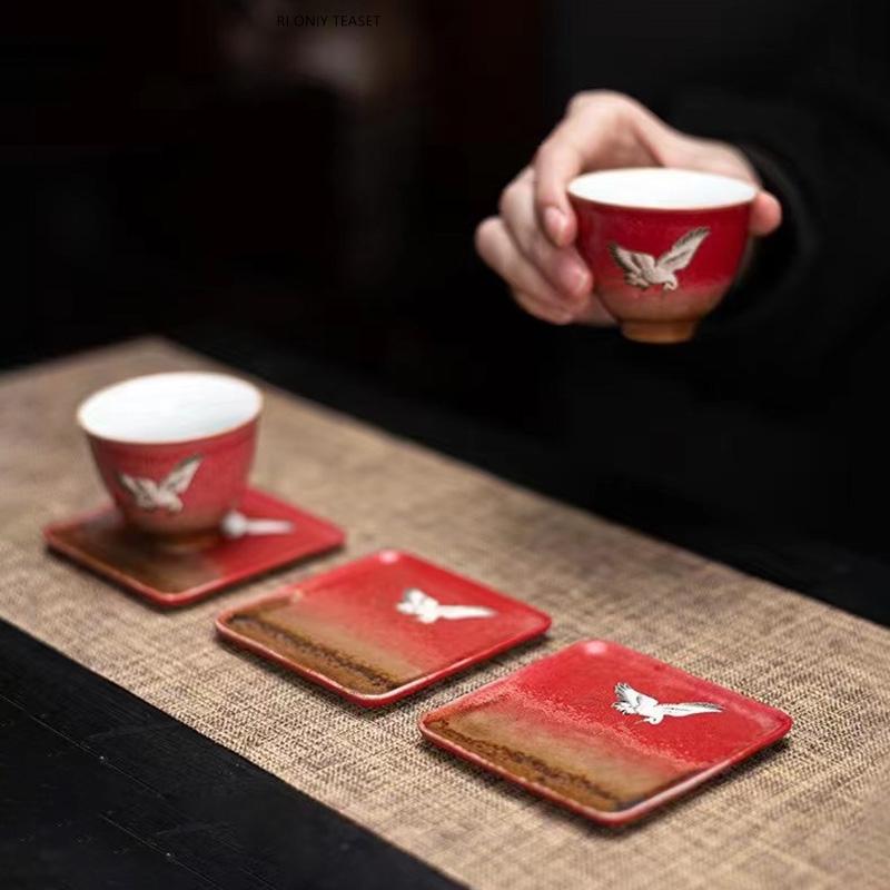 1 Pc Chinese Red Ceramic Tea Cup Coaster Handmade Flying Crane Teacup Mat Household Tea Bowl Master Cup Tea Set Accessories