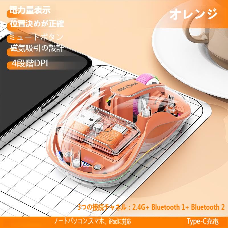 Wireless Bluetooth DPI Dual Transparent Magnetic LED Power 5 400 mAh Lightweight and Compact Mouse, Type-C Rechargeable, 2.4Ghz, 4-Level Adjustment,