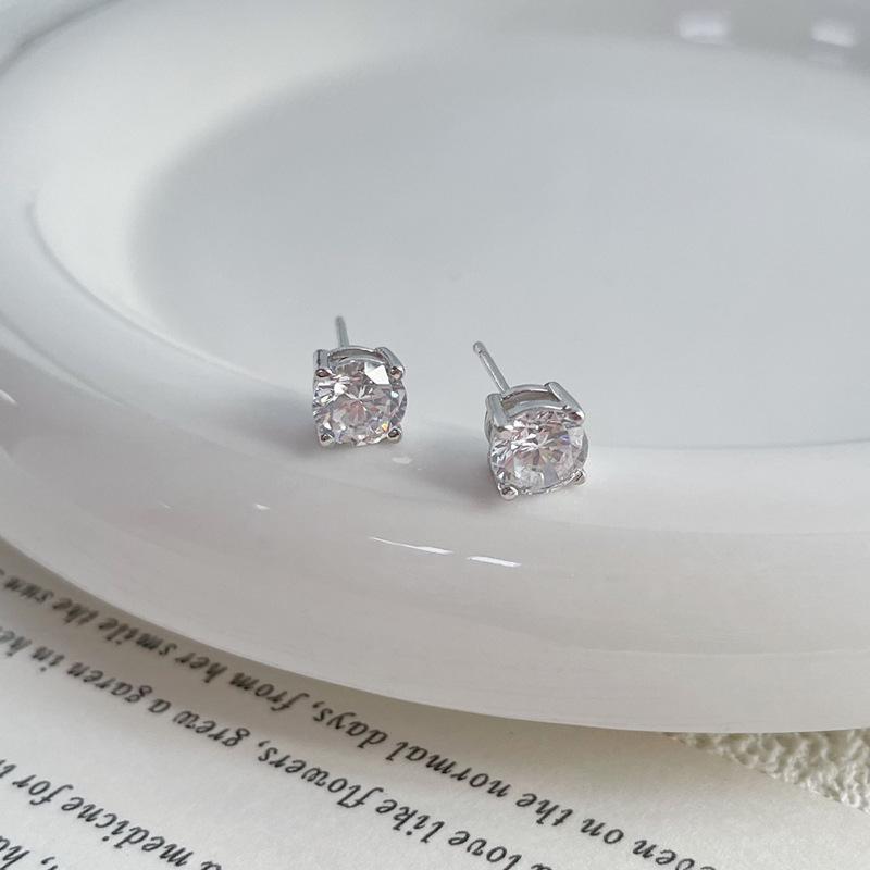 S999 Sterling Silver Four-Prong Zircon Stud Earrings - Luxurious High-Shine Piercing Jewelry