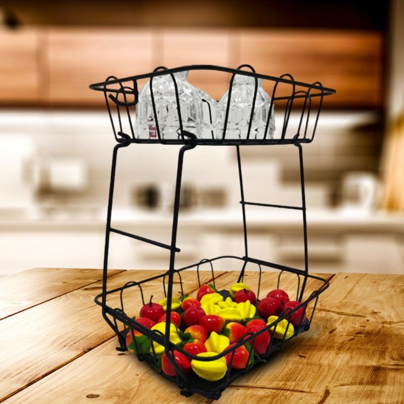 2 Layer Iron Fruit And Vegetable Holder For Countertop Organizing With Rusts Resistant Coating Tiered Fruit Basket