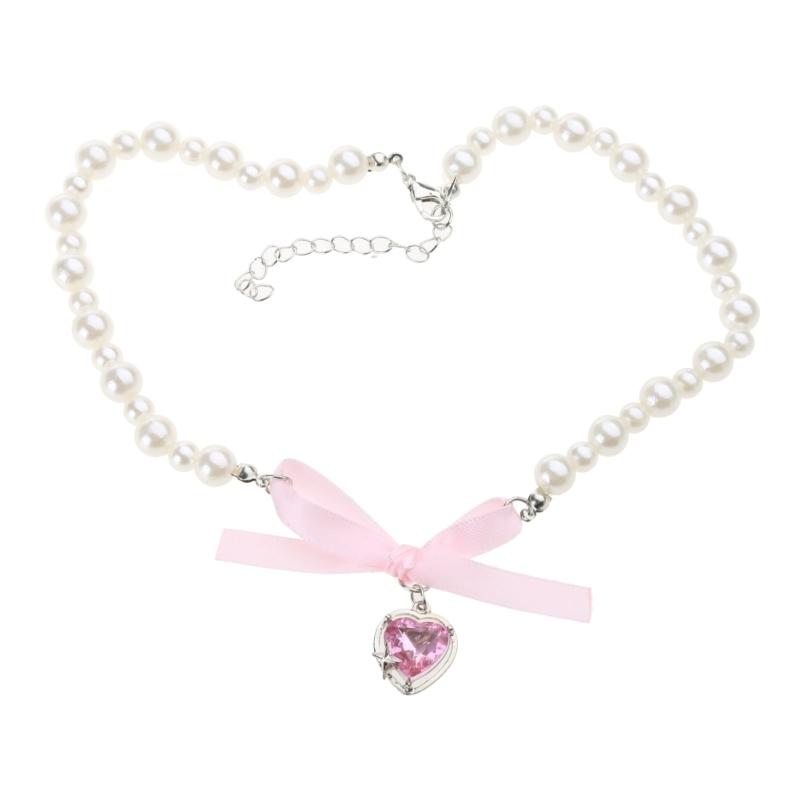 Bow Love Cross Imitation Pearl Pendant Necklace for Women French Romantic Sweet Lolita Clavicle Chain Harajuku Fashion Jewelry