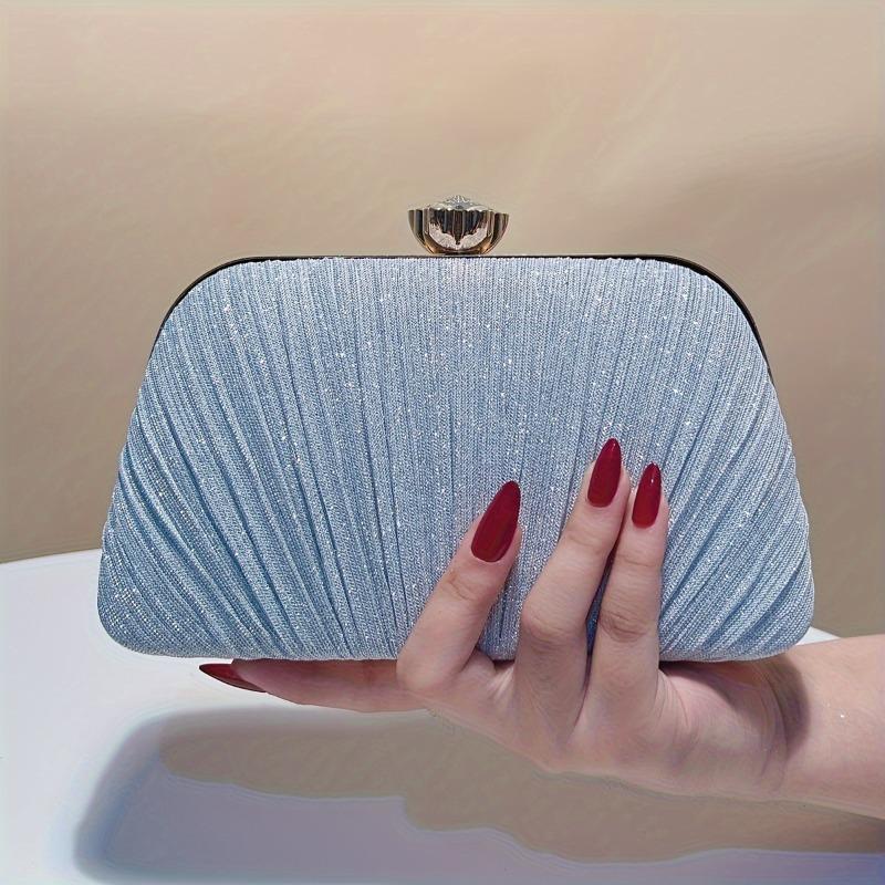 Solid Color Banquet Clutch, Metal Chain Pleated Fashionable Design Shiny Shoulder Bag, Women's Diagonal Cross Bags