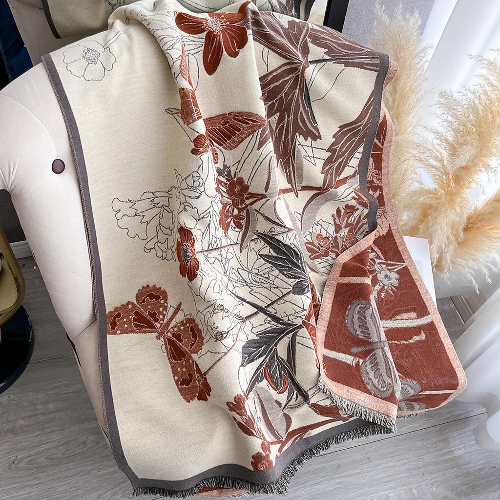 Women's Flower Warm Shawl Simple Thick Imitation Cashmere Scarf with Jacquard Ideal for Autumn and Winter