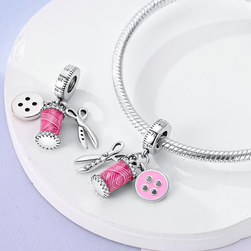 Original Charms Copper Scissors Button Pink Spool Pendants Fit Charms Plata Bracelets For Women Women Jewelry Making Diy