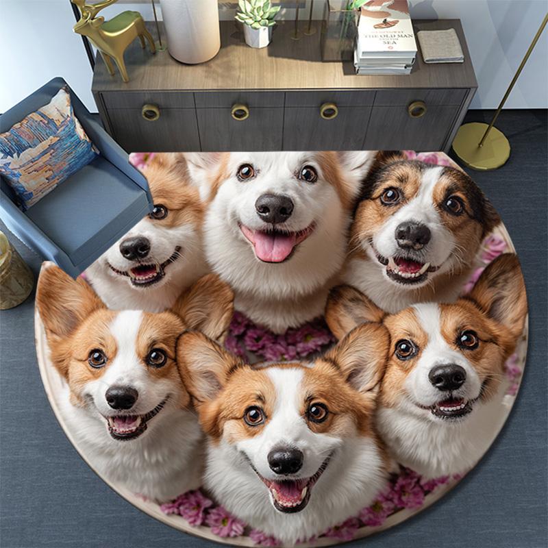 Corgi Dogs Round Area Rug,Carpet Rug for Living Room Bedroom Sofa Playroom Decor,Non-slip Floor Mat