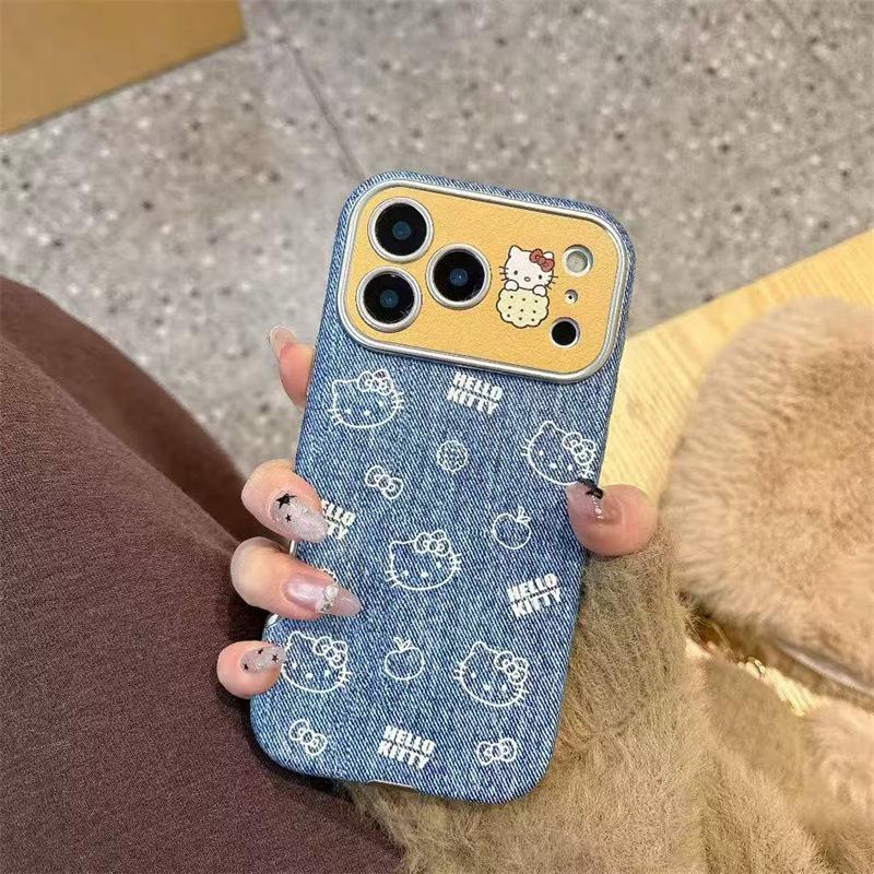 

Denim Texture KT Cat iPhone 14/15/16/17 Pro Case with Cartoon and Large Window Design 17 Pro Max