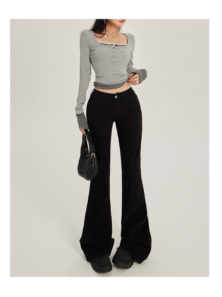 Women's 2025 Low-Waist Slim Fit Flared Jeans - Black, No-Slip, Elastic, Leg-Slimming, Spring Style