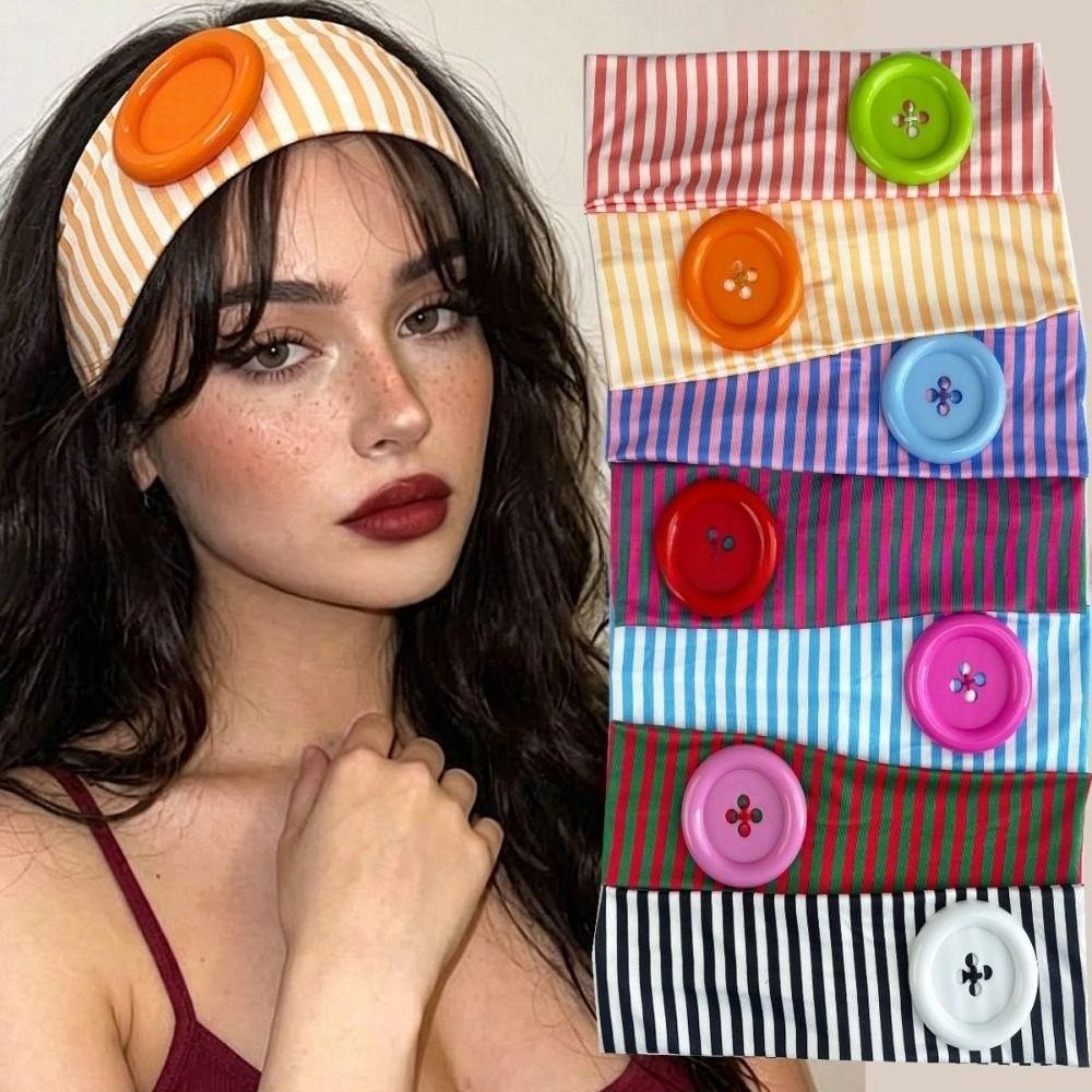 Striped Print Large Button Headband Dopamine Summer Hairband Niche Headscarf Lady Girls Headwear