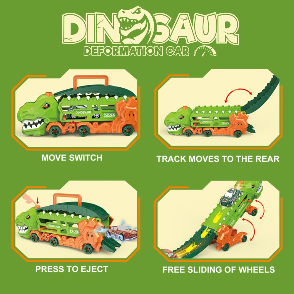 Transport Dinosaur Truck with Foldable Sliding Race Track, Transforms into Standing T-Rex & Trike, Best Birthday Gift for Kids