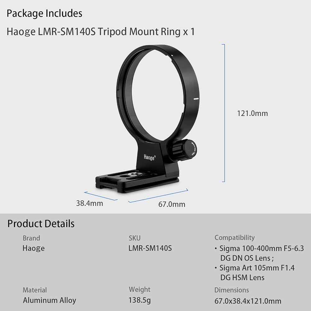 Haoge LMR-SM140S Lens Color Replacement Foot Tripod Mount Ring Stand Base for Sigma 100-400mm F5-6.3 DG DN OS Lens and Sony E Mount Art 105mm F1.4 DG 