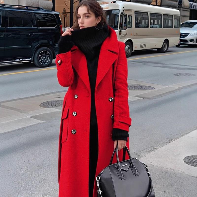 Womens Wool Blend Coat Winter Thickened Mid-Length Trench Style Outerwear Casual Elegant Double-Breasted Jacket