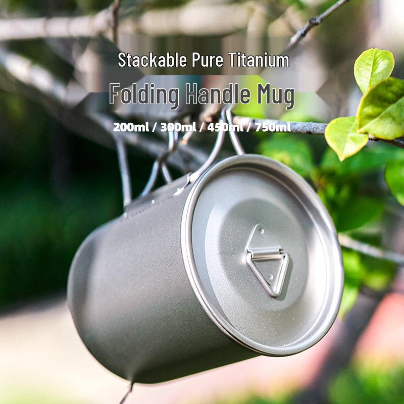 Portable Titanium Camping Mug with Lid - Folding Handle, Single Layer, Anti-scalding Design for Outdoor Travel