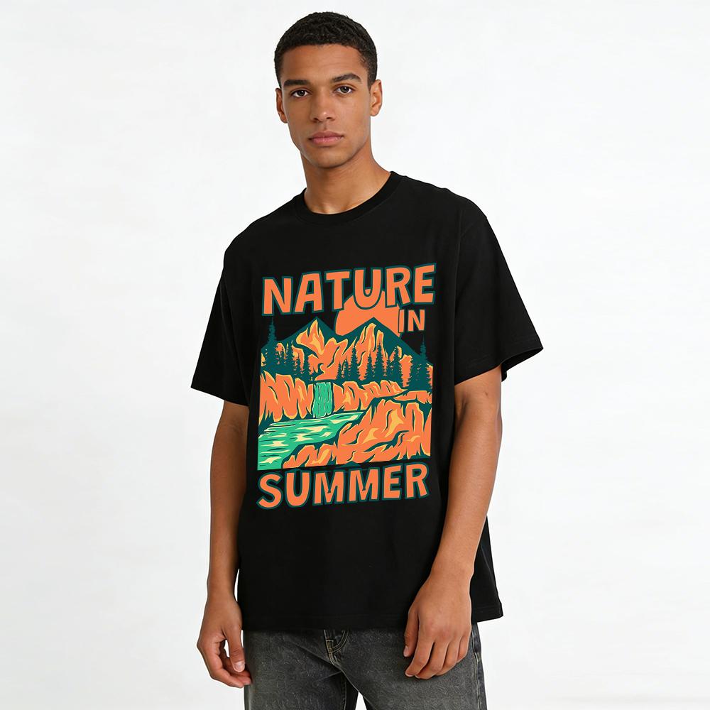 Summer Mountain Waterfall Nature Graphic Casual Tee Pure cotton T-shirt