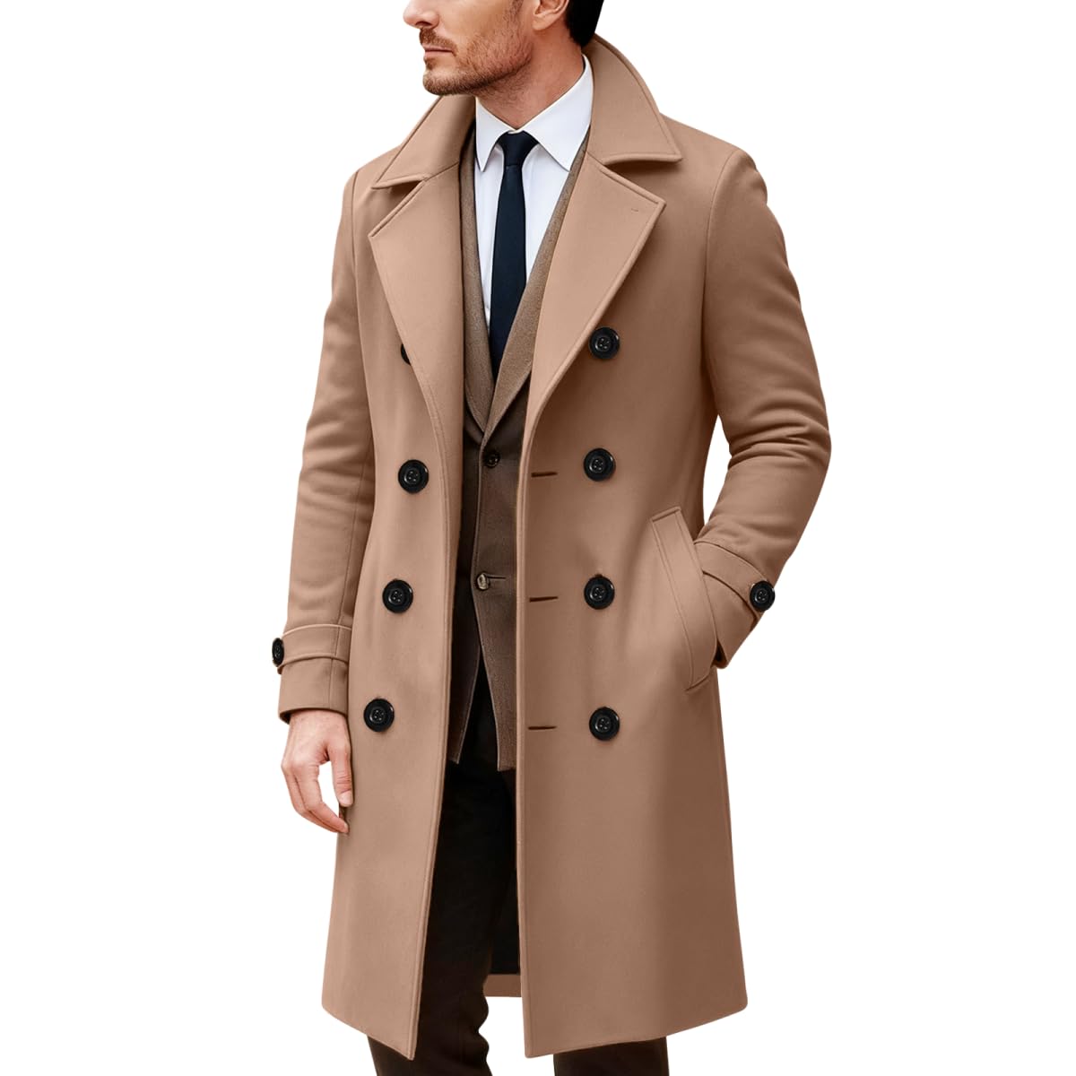 Kayiyasu Chesterfield Long Trench Business Winter Cold Solid Plus Men s Coat, Jacket, Coat, Outerwear, Coat, Wear, Protection, Color, Thick,