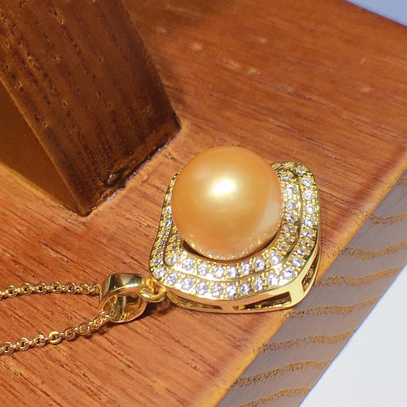 18K Gold Plated Freshwater Pearl Pendant for Women, Large Round, High Luster, Double Row Diamond Micro-Set, Fashionable Style 202.