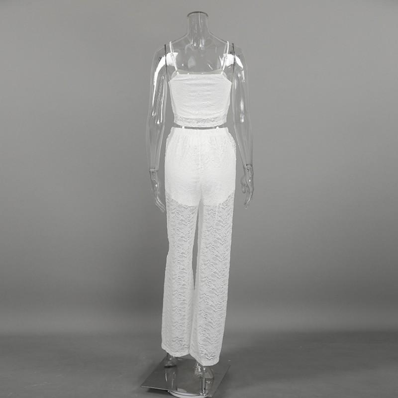 Womens 2026 Elegant White Lace Camisole Top Wide Leg Pants 2 Piece Set Casual Office Date Outfit