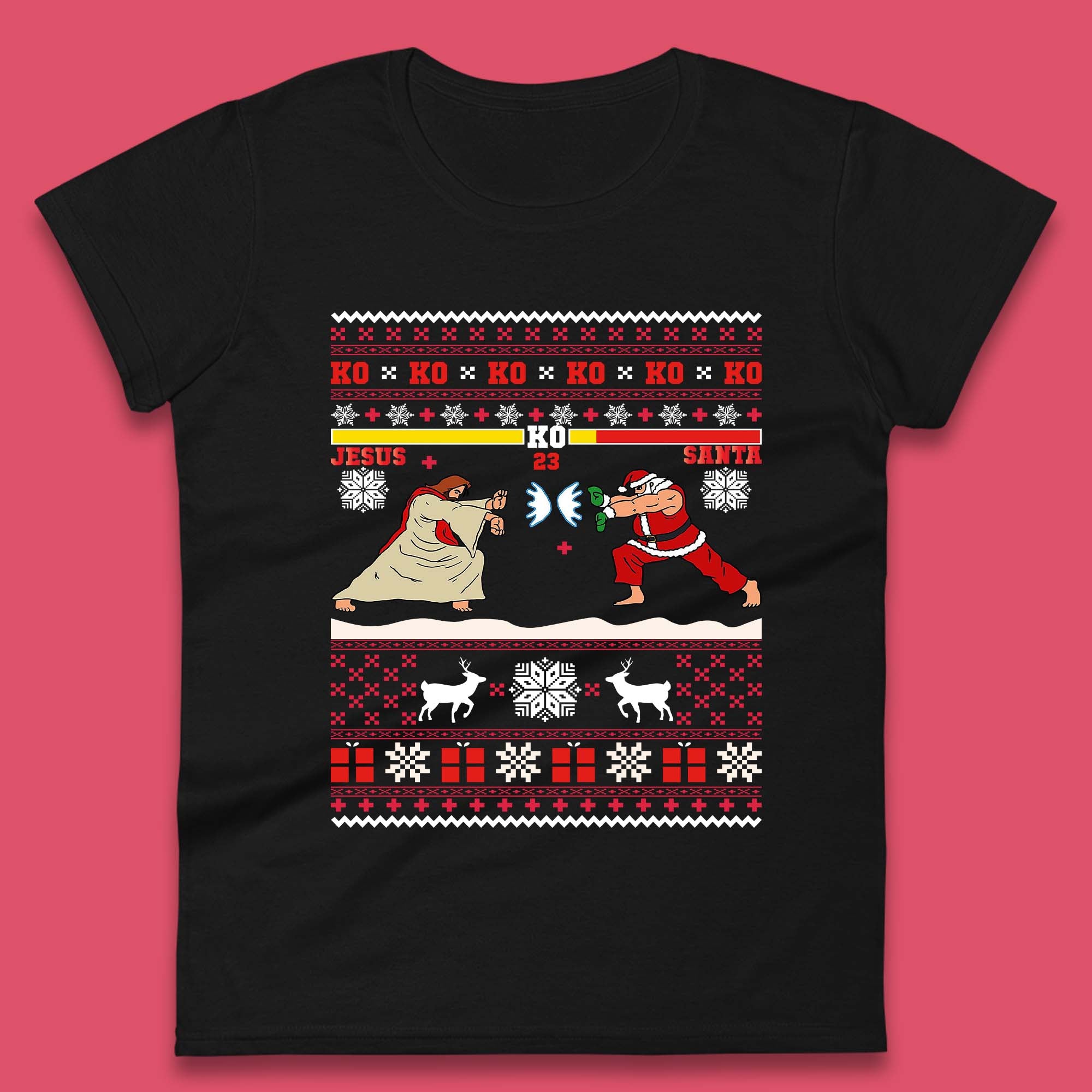 Jesus Vs Santa KO Christmas Womens T-Shirt Mens Tops Tees Unisex 4XL