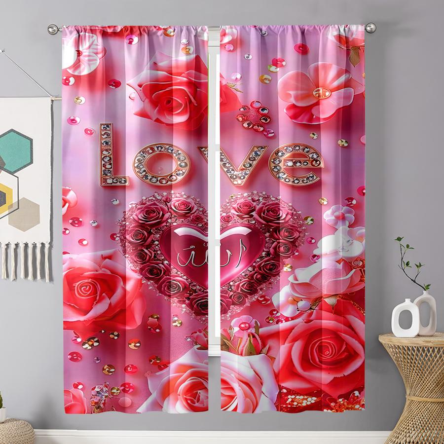 2PCS Pink Purple 'LOVE' Rose Curtains   Confession Style   Valentine's Day   Bedroom Living Room   Pull up Pocket Style