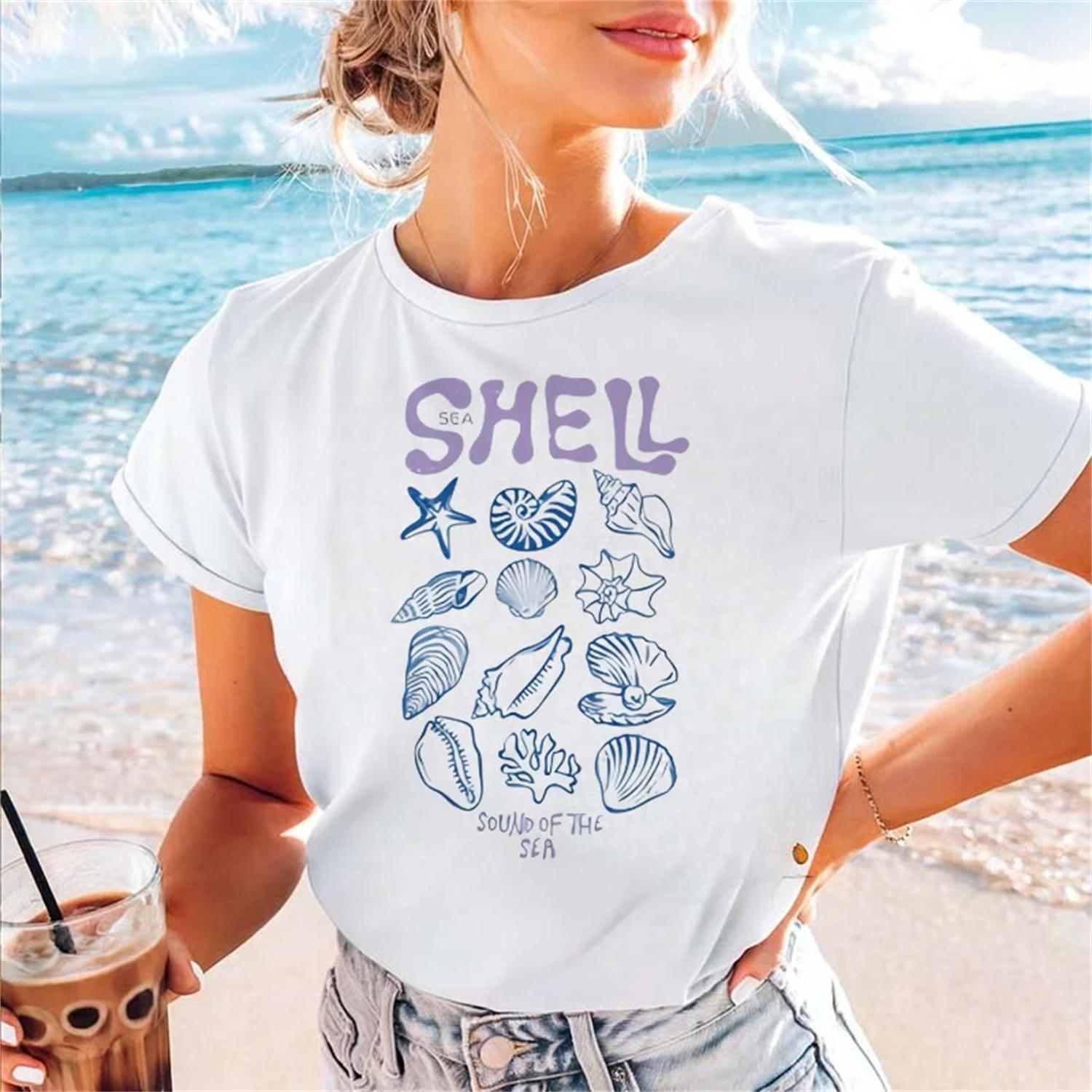 

Cute Shell Print Short Sleeved Beach Women s Vacation T-Shirt Casual Versatile Summer Regular Casual Clothing Trendy T-Shirt XXXXXL білий