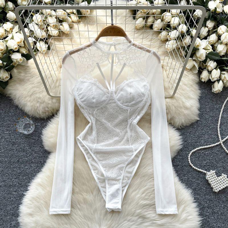 

Fashion Ins Long Sleeve Jumpsuit Female Pure Desire Sexy Hollow-out Halter Thin Lace Silm Inner Bottoming Top White L
