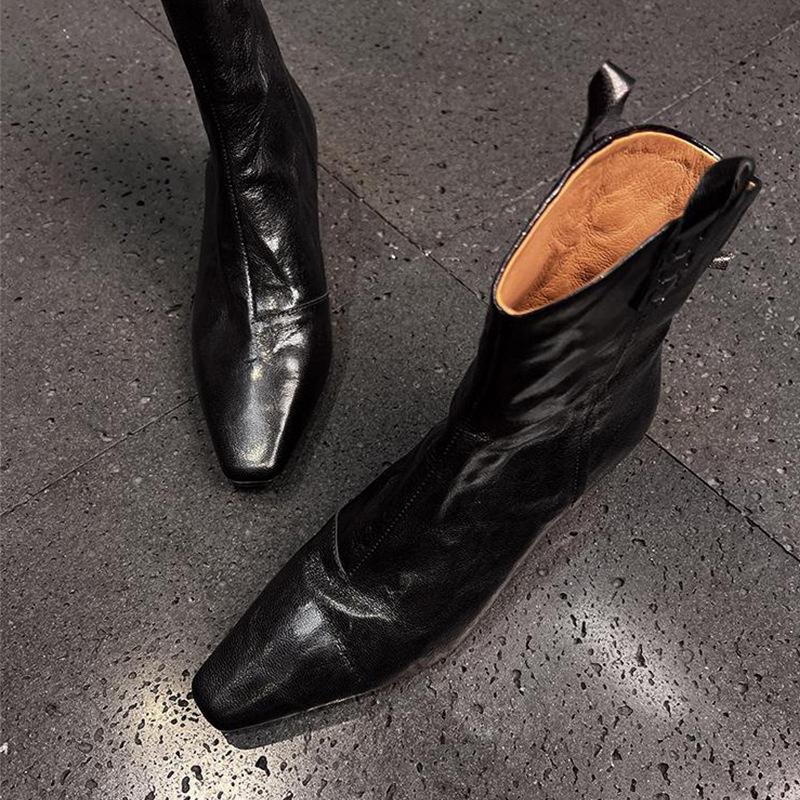 

Cowhide version~ autumn and winter new square head wedge heel retro pleated western boots versatile rear zipper thick heel short boots women 35
