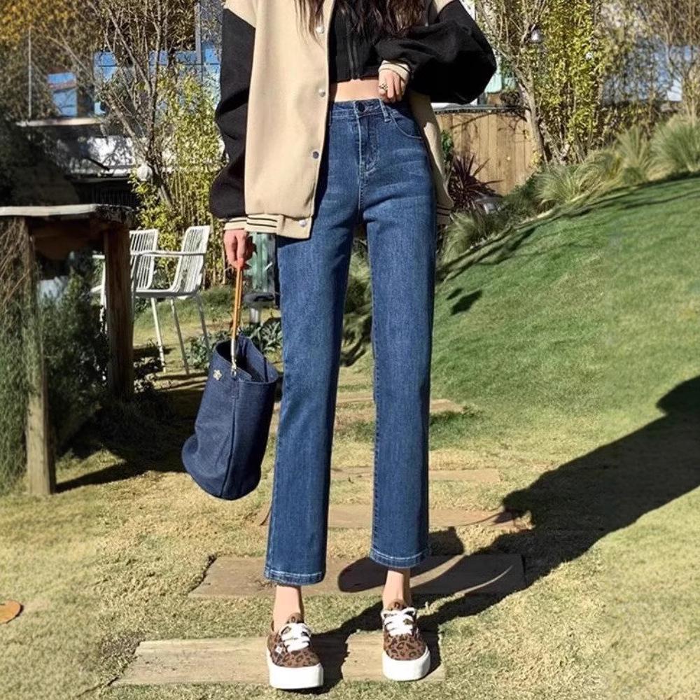 Women's High-Waist Solid Color Cigarette Jeans, Autumn 2024