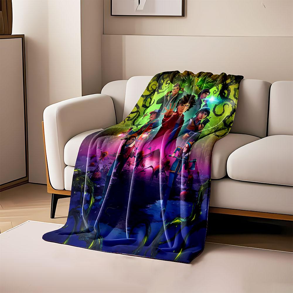 

Group of characters stand against glowing creatures and ominous vines. for all seasons blanket lunch break throw gift 80cm x 120cm