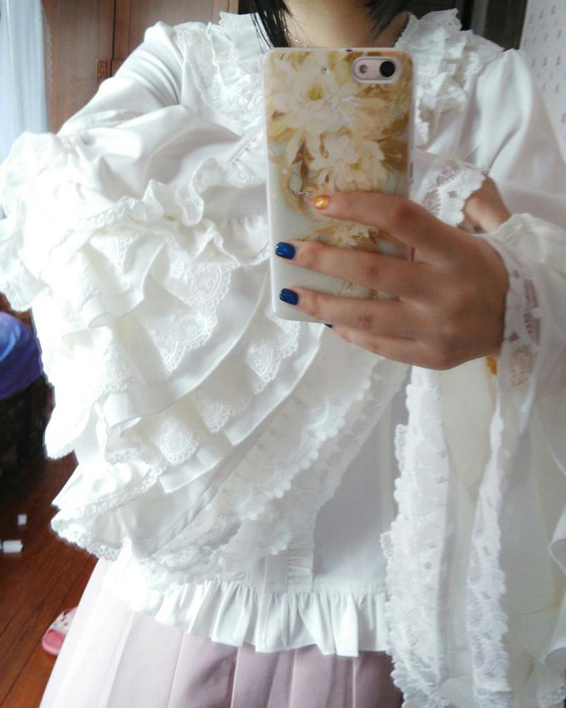 Lolita Blouse Princess Long Round Milky Lolita Ruffle Princess Perfect for Tea Gothic Gothic Blouse Shirt [cnstone] Shirt, Sleeves, Sleeves, Collar,