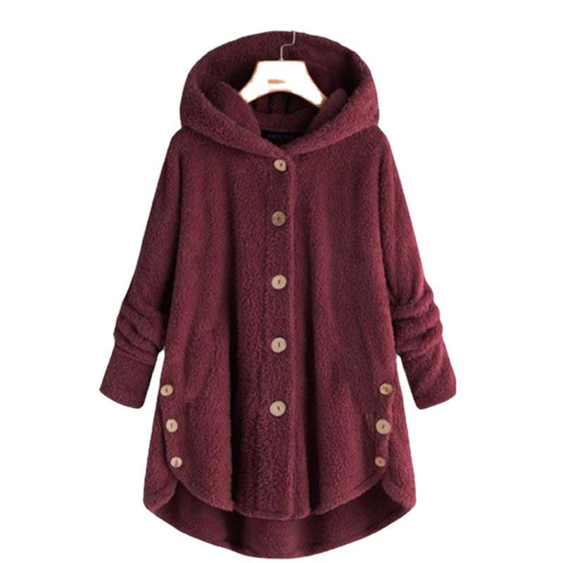 Fashion Autumn Winter Women's Solid Button Coats Ladies Warm Bear Loose Outwear Female Plush Coat Hooded Wool Jackets