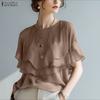 Women Casual Round Neck Loose Ruffles Short Sleeve Blouse