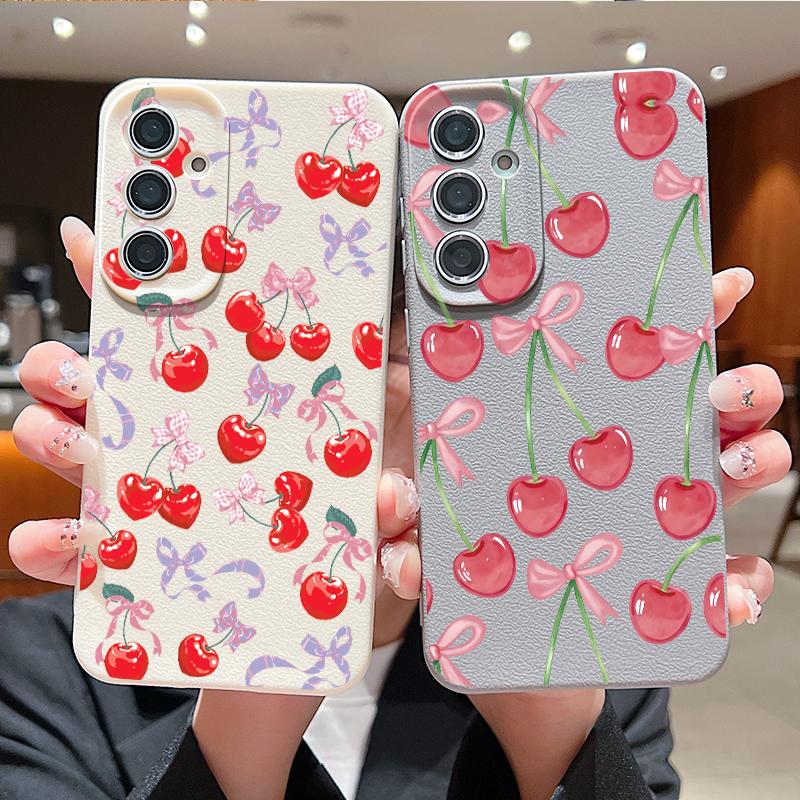 Cartoon Cherry Fruits Case For Samsung S26 Ultra S25 A18 S24 S23 S22 S21 FE A15 A16 A17 A35 A36 A37 A54 A55 A56 A57 Leather Texture Silicone Cover