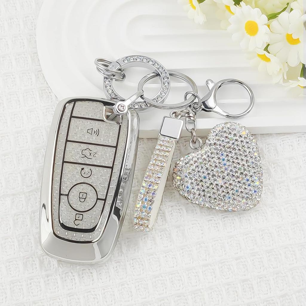 Key Fob Cover with Diamond Bling Keychain for Women, Compatible with Ford Fusion Escape Expedition Explorer Edge F150 F250 F350 etc, TPU Key Case and