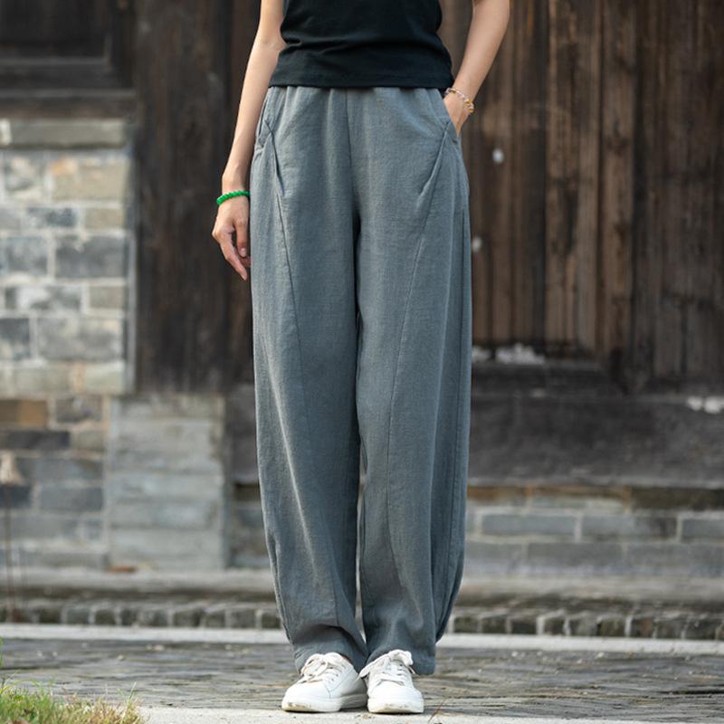 Spring Cotton and Linen Women's Literature and Art Ramie Sand Wash Stitching Casual Trousers Women's All-match Thin Linen Bloomers