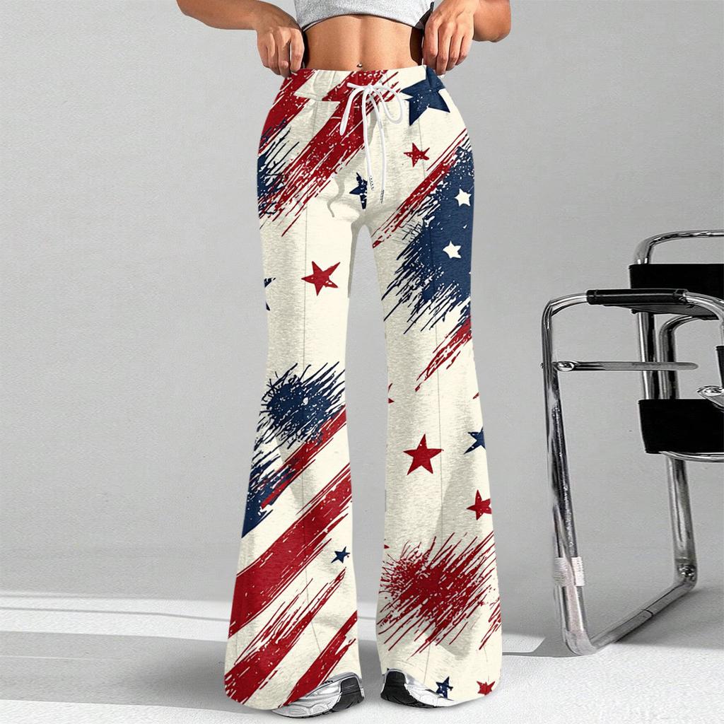 Women's Fashion Loose Drawstring Tight Waist Independence Day Printed Casual Sports Pants Casual Flared Pants