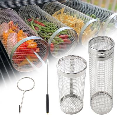 Rolling BBQ Grilling Basket Stainless Steel Non-Stick Portable Outdoor Camping Grill Rack for Vegetables Meat Fish Fries