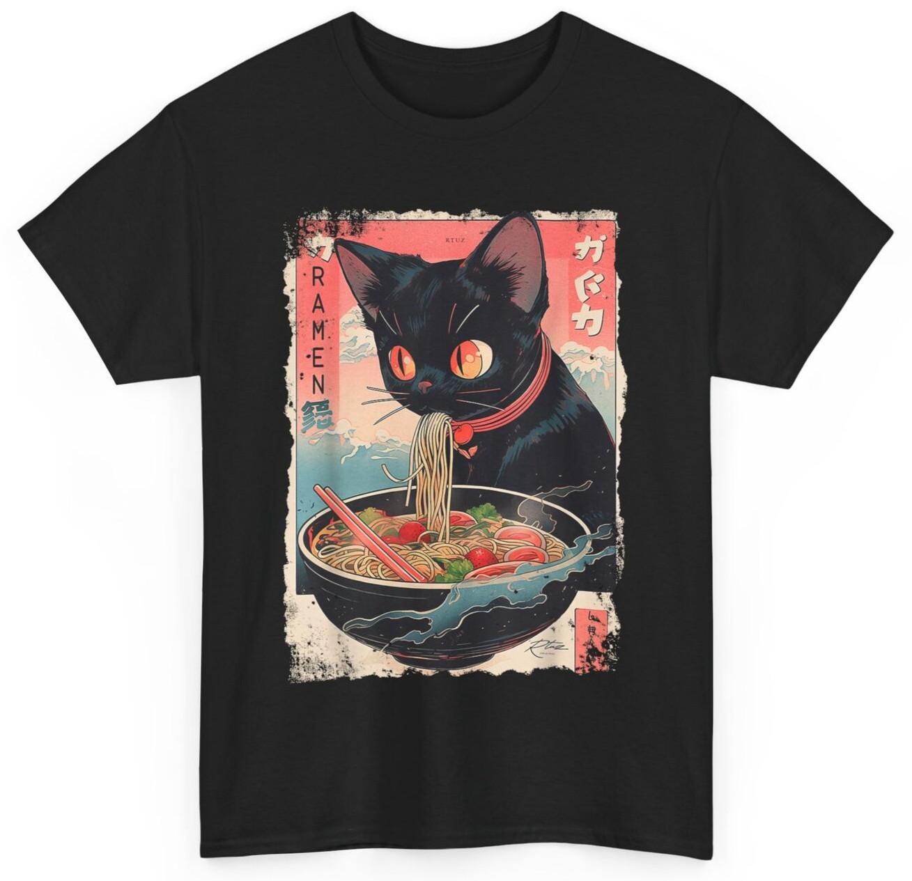 Anime Manga Kawaii Otaku Style Urban Streetwear Ramen Cat T-shirt XXXL
