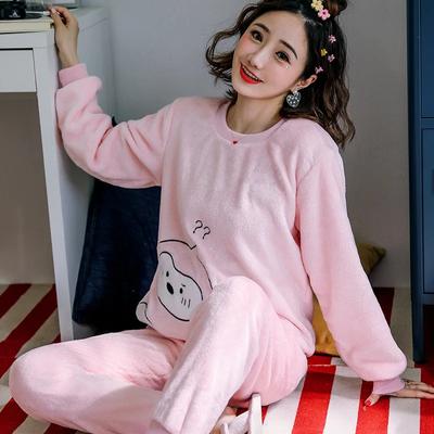 Thickened Warm Sleepwear for Winter Flannel O-Neck Girl Loungewear 2PCS Set Ladies Pajamas Long Sleeves Cartoon Bear Homewear