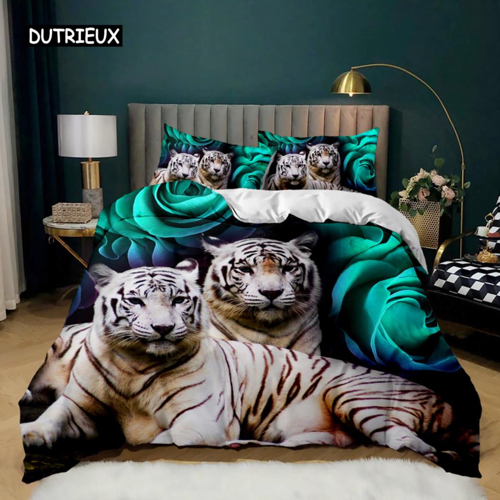 Tiger Duvet Cover Set Red Rose Flower Comforter Cover Boys African Safari Wild Animals Big Cat Queen King Polyester Qulit Cover