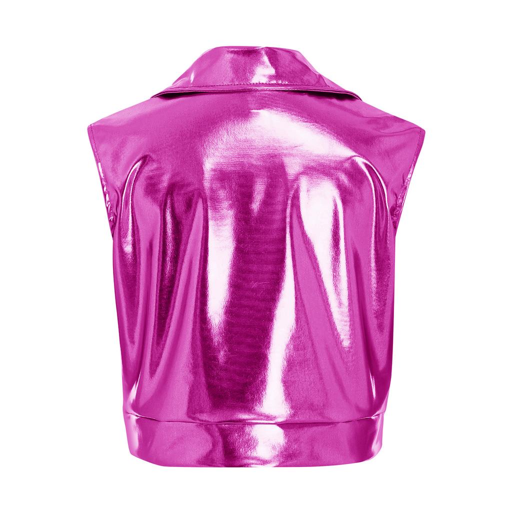 Colete jaqueta metálico brilhante unissex para crianças, com gola virada, sem mangas, peça de outer wear