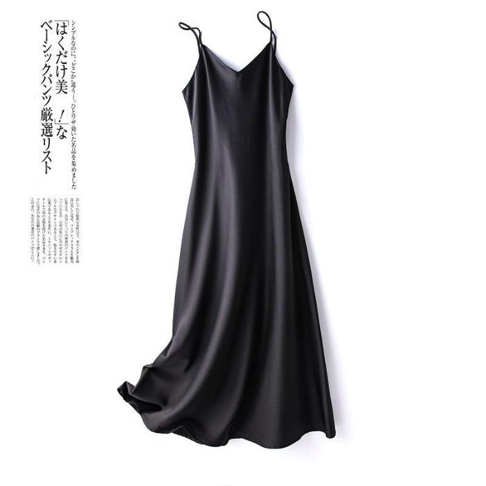 Spring and summer new French acetic acid satin sexy suspender dress women's medium and long inner solid color bottoming dress