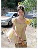 Women's Yellow Square Neck Puff Sleeve Dress – Petite Summer Style with Sweet Cinched Waist Short Skirt