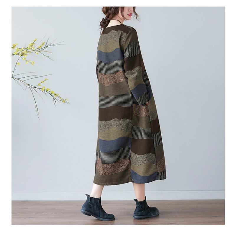 Frühling und Herbst Literarischen Stil Lose Druck Rundhals Langarm Kleid Frau