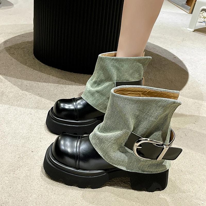 Fashion Lolita Boots Brand Women's Shoes Boots-Women Fashion Rock Ladies Mid-Calf Cowboy 2024 Lolita Boots Denim Women's Shoes Boots-Wom