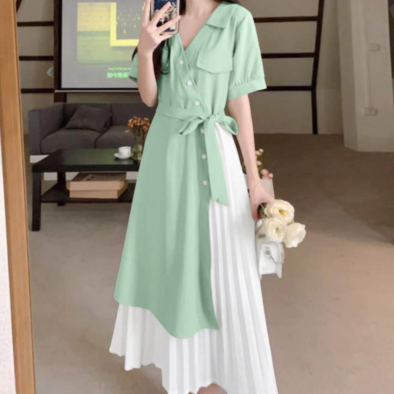 ZANZEA Women Summer Turn Down Collar Casual Patchwork Short Sleeve Dress