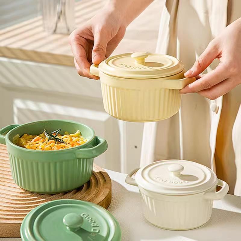 Nordic Style Ceramic Binaural Bowl With Lid Creative Cream Style Household Baking Baked Rice Bowl Baby Complementary Food Bowl Dessert Bowl