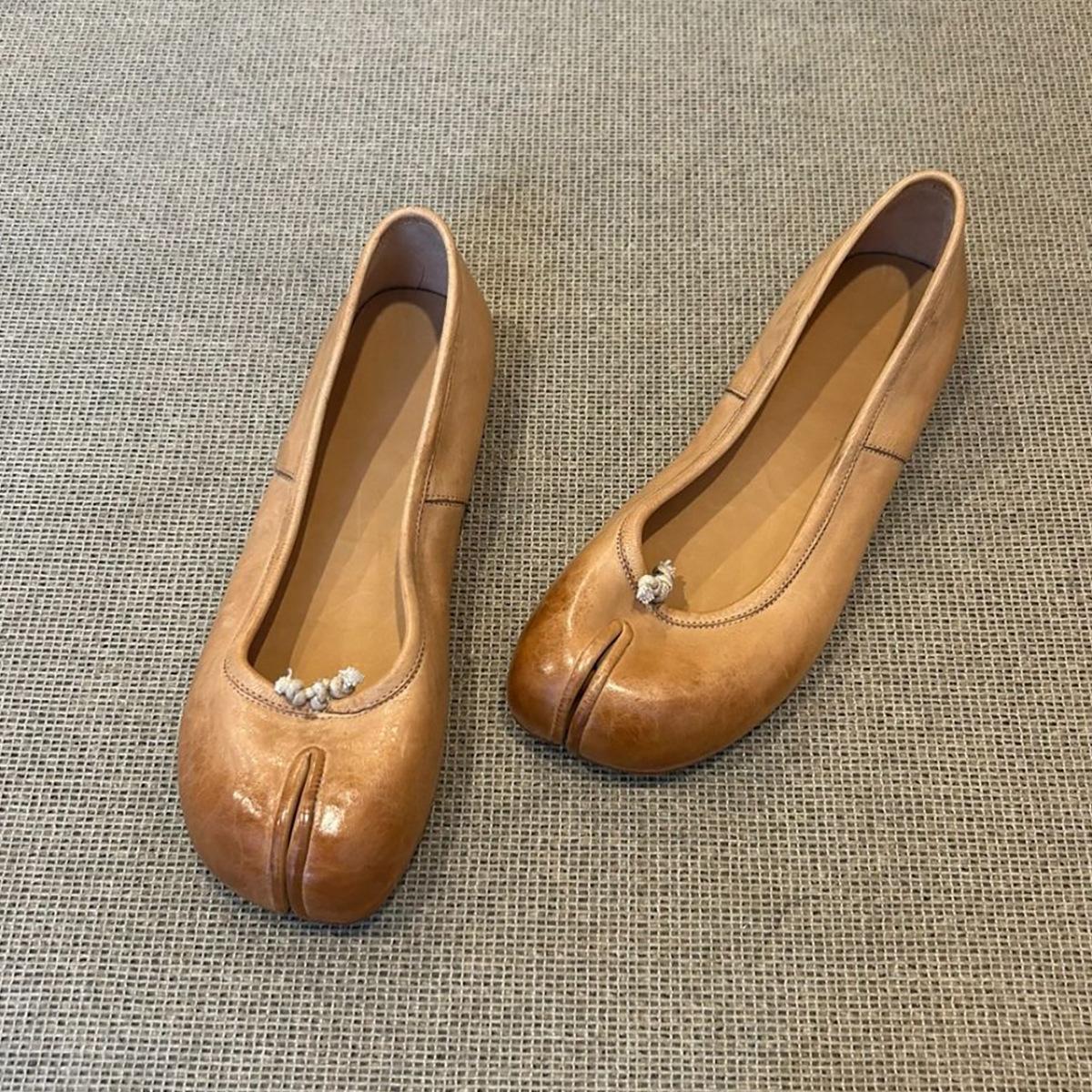 

Версия из коровьей кожи~ Разная лошадиная кожа, вымытая обувь с раздвоенным носком, женские туфли с открытым верхом, туфли-балетки, новые модели 40 абрикосовый