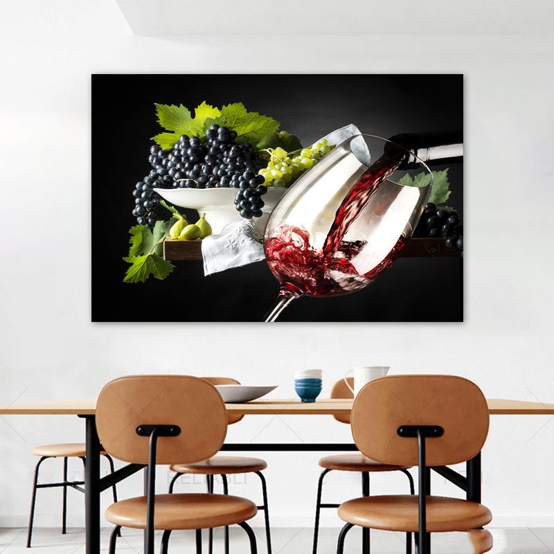 Wine Glass Bottle Posters and Prints Canvas Painting Wall Art Pictures for Dining Room Home Decor Grapes Wooden Barrel Cuadros